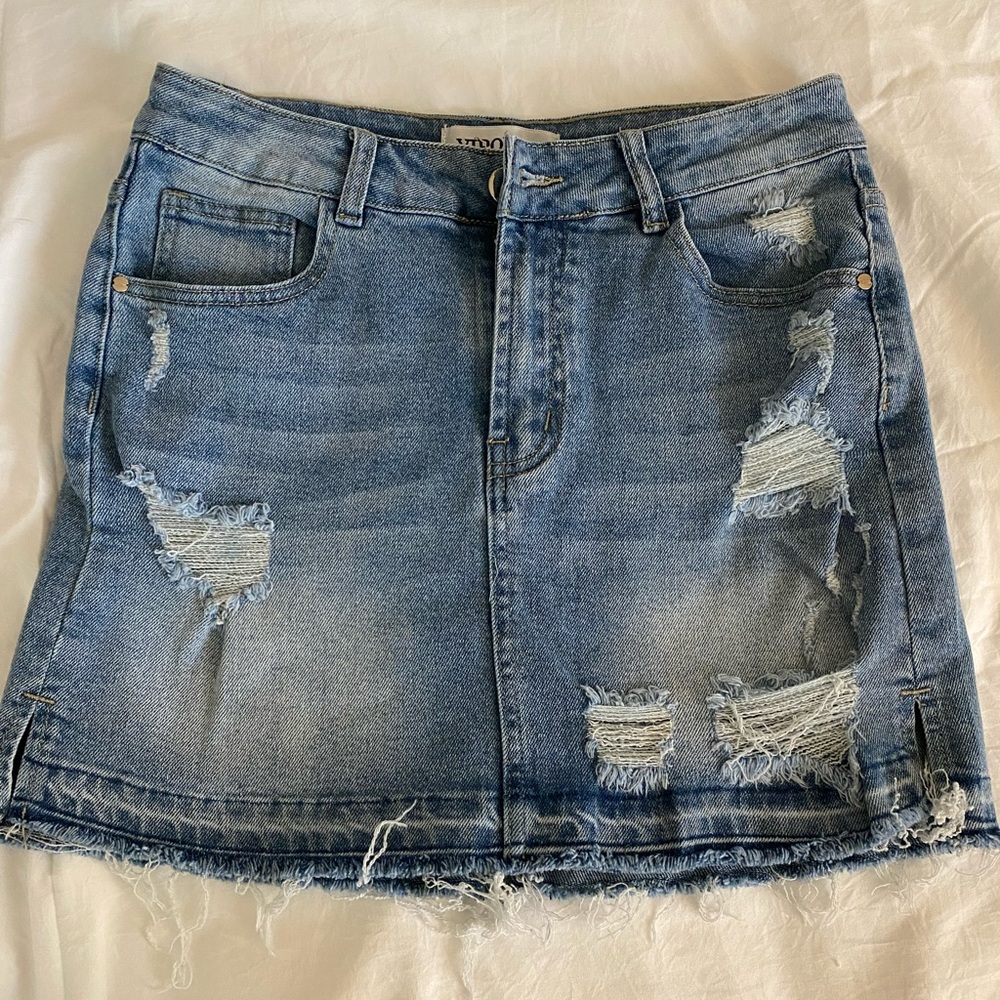 Trendy Blue Distressed Mini Skirt